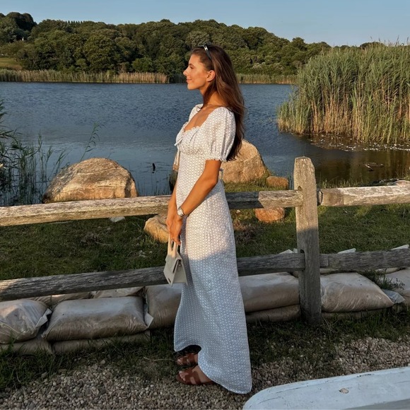 Reformation Dresses & Skirts - Reformation | Cherise 100% Linen Floral Puff Sleeve Midi Dress in Cindy Blue